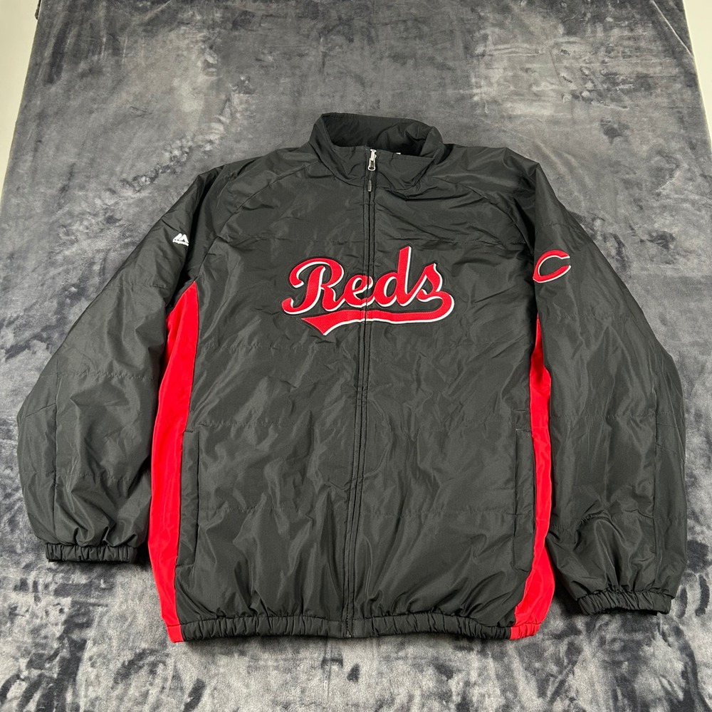 Majestic Cincinnati Reds Jacket Mens 3XL Black Red Full Zip Fleece Lined MLB